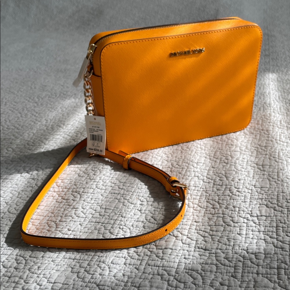 NEW Michael Kors Structured Leather Bag Purse Pop Orange Gold Chain Lg Jet Set